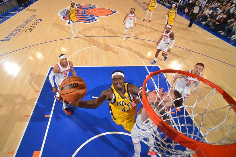 NEW YORK, NY - MAY 19: Pascal Siakam #43 of the Indiana Pacers drives to the basket during the game against the New York Knicks during Round 2 Game 7 of the 2024 NBA Playoffs on May 19, 2024 at Madison Square Garden in New York City, New York.  NOTE TO USER: User expressly acknowledges and agrees that, by downloading and or using this photograph, User is consenting to the terms and conditions of the Getty Images License Agreement. Mandatory Copyright Notice: Copyright 2024 NBAE  (Photo by Jesse D. Garrabrant/NBAE via Getty Images)