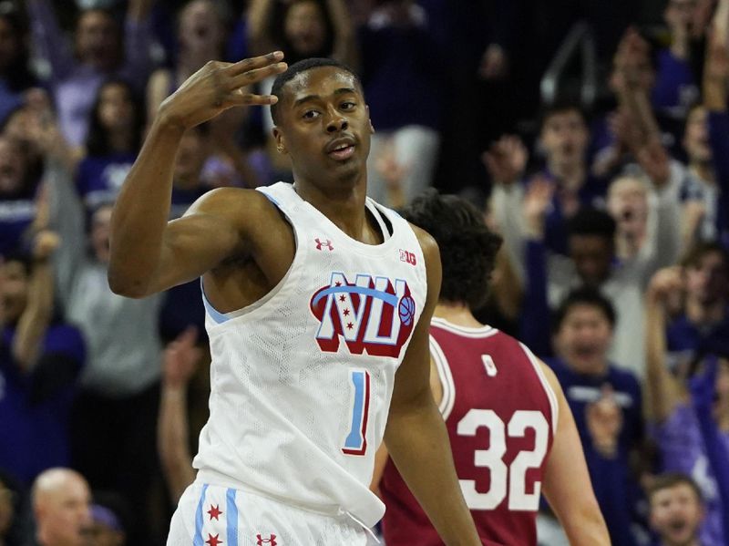 Feb 15, 2023; Evanston, Illinois, USA; Northwestern Wildcats guard Chase Audige (1) gestures after making a three point basket against the Indiana Hoosiers during the first half at Welsh-Ryan Arena. Mandatory Credit: David Banks-USA TODAY Sports