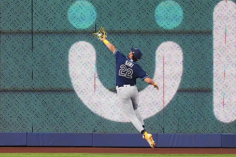 Aug 30, 2023; Miami, Florida, USA; Tampa Bay Rays center fielder Jose Siri (22) catches the fly ball hit by Miami Marlins designated hitter Josh Bell in the seventh inning at loanDepot Park. Mandatory Credit: Jim Rassol-USA TODAY Sports