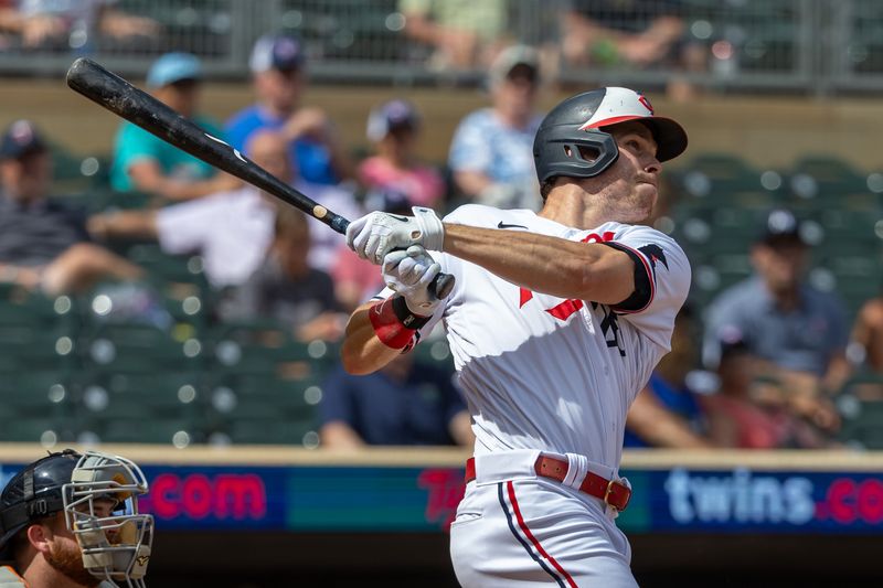 Aug 16, 2023; Minneapolis, Minnesota, USA; Minnesota Twins right fielder Max Kepler (26) hits a solo home run against the Detroit Tigers in the ninth inning at Target Field. Mandatory Credit: Jesse Johnson-USA TODAY Sports