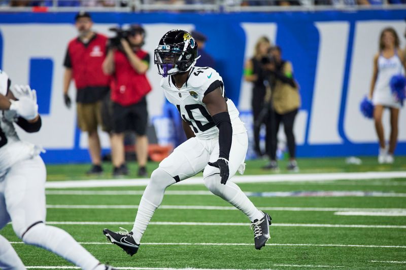 Jacksonville Jaguars cornerback Erick Hallett (40) pursues a play on defense against the Detroit Lions during an NFL pre-season football game, Saturday, Aug. 19, 2023, in Detroit. (AP Photo/Rick Osentoski)