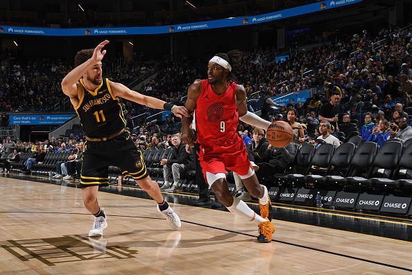 SAN FRANCISCO, CA - DECEMBER 23: Jerami Grant #9 of the Portland Trail Blazers dribbles the ball during the game against the Golden State Warriors on December 23, 2023 at Chase Center in San Francisco, California. NOTE TO USER: User expressly acknowledges and agrees that, by downloading and or using this photograph, user is consenting to the terms and conditions of Getty Images License Agreement. Mandatory Copyright Notice: Copyright 2023 NBAE (Photo by Noah Graham/NBAE via Getty Images)