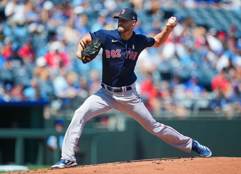 Sep 3, 2023; Kansas City, Missouri, USA; Boston Red Sox starting pitcher Chris Sale (41) pitches during the first inning against the Kansas City Royals at Kauffman Stadium. Mandatory Credit: Jay Biggerstaff-USA TODAY Sports