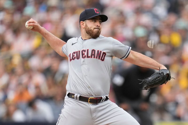 Jun 14, 2023; San Diego, California, USA;  Cleveland Guardians starting pitcher Aaron Civale (43) throws a pitch against the San Diego Padres during the first inning at Petco Park. Mandatory Credit: Ray Acevedo-USA TODAY Sports