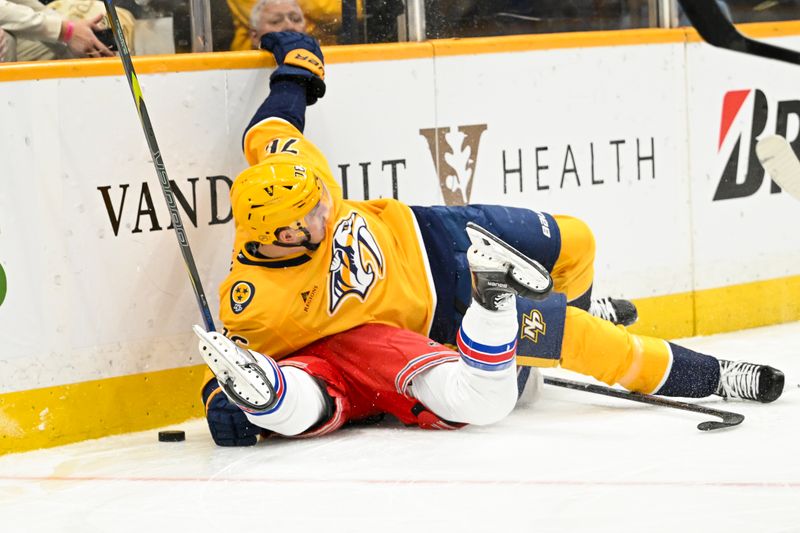Dec 21, 2025; Nashville, Tennessee, USA;  Nashville Predators defenseman Brady Skjei (76) checks New York Rangers left wing Conor Sheary (43) during the second period at Bridgestone Arena. Mandatory Credit: Steve Roberts-Imagn Images