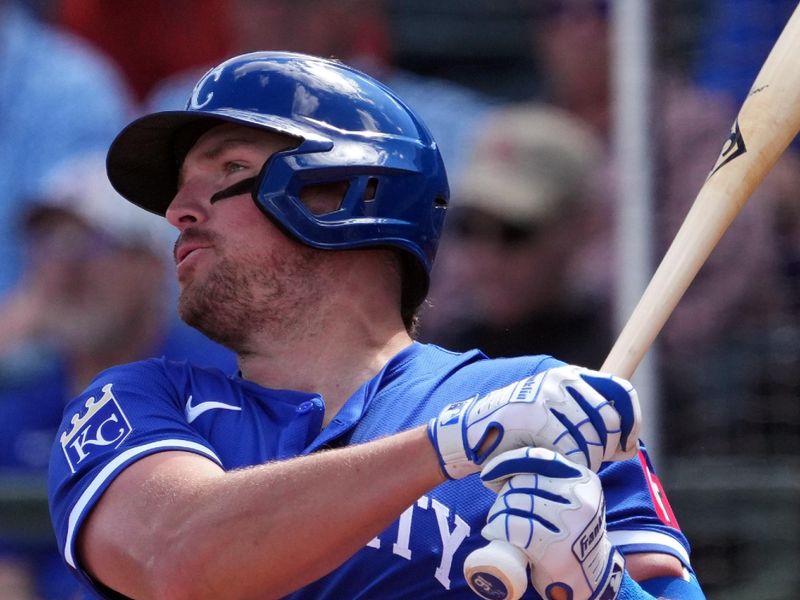 Mar 8, 2024; Surprise, Arizona, USA; Kansas City Royals right fielder Hunter Renfroe (16) bats against the Texas Rangers during the second inning at Surprise Stadium. Mandatory Credit: Joe Camporeale-USA TODAY Sports