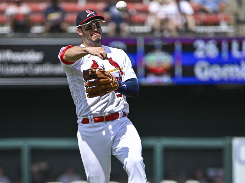 Aug 6, 2023; St. Louis, Missouri, USA;  St. Louis Cardinals third baseman Nolan Arenado (28) throws on the run against the Colorado Rockies during the sixth inning at Busch Stadium. Mandatory Credit: Jeff Curry-USA TODAY Sports