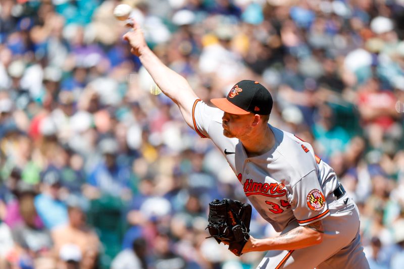 Aug 13, 2023; Seattle, Washington, USA; Baltimore Orioles starting pitcher Kyle Bradish (39) throws against the Seattle Mariners during the first inning at T-Mobile Park. Mandatory Credit: Joe Nicholson-USA TODAY Sports