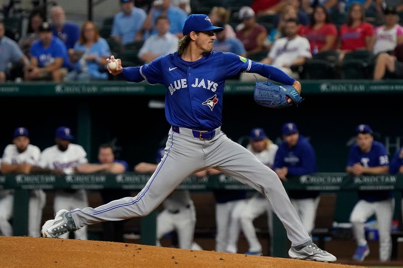 Sep 19, 2024; Arlington, Texas, USA; Toronto Blue Jays pitcher Kevin Gausman (34) throws to the plate during the first inning against the Texas Rangers at Globe Life Field. Mandatory Credit: Raymond Carlin III-Imagn Images