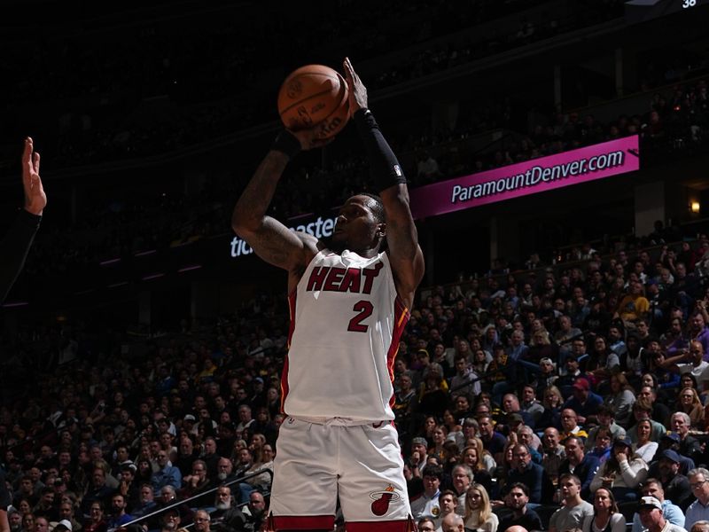 DENVER, CO - FEBRUARY 29: Terry Rozier #2 of the Miami Heat shoots a three point basket during the game against the Denver Nuggets on February 29, 2024 at the Ball Arena in Denver, Colorado. NOTE TO USER: User expressly acknowledges and agrees that, by downloading and/or using this Photograph, user is consenting to the terms and conditions of the Getty Images License Agreement. Mandatory Copyright Notice: Copyright 2024 NBAE (Photo by Garrett Ellwood/NBAE via Getty Images)