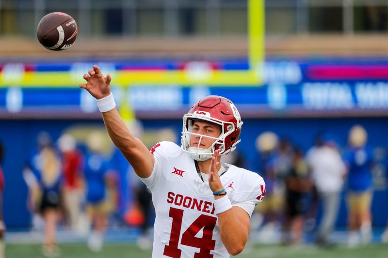 Sep 16, 2023; Tulsa, Oklahoma, USA; Oklahoma Sooners quarterback General Booty (14) warms up before a game against the Tulsa Golden Hurricane at Skelly Field at H.A. Chapman Stadium. Mandatory Credit: Nathan J. Fish-USA TODAY Sports