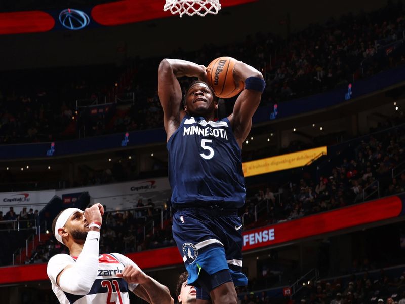 WASHINGTON, DC -?January  24: Anthony Edwards #5 of the Minnesota Timberwolves drives to the basket during the game against the Washington Wizards on January 24, 2024 at Capital One Arena in Washington, DC. NOTE TO USER: User expressly acknowledges and agrees that, by downloading and or using this Photograph, user is consenting to the terms and conditions of the Getty Images License Agreement. Mandatory Copyright Notice: Copyright 2024 NBAE (Photo by Kenny Giarla/NBAE via Getty Images)