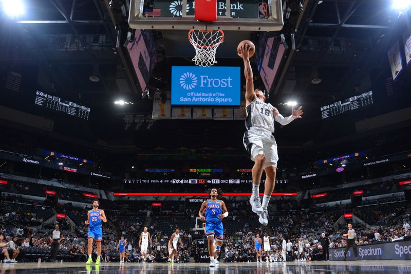 SAN ANTONIO, TX - OCTOBER 7: Malachi Flynn #18 of the San Antonio Spurs drives to the basket during the game against the Oklahoma City Thunder during a NBA preseason game on October 7, 2024 at the Frost Bank Center in San Antonio, Texas. NOTE TO USER: User expressly acknowledges and agrees that, by downloading and or using this photograph, user is consenting to the terms and conditions of the Getty Images License Agreement. Mandatory Copyright Notice: Copyright 2024 NBAE (Photos by Michael Gonzales/NBAE via Getty Images)