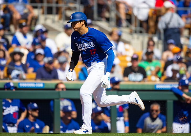 Mar 3, 2024; Phoenix, Arizona, USA; Los Angeles Dodgers designated hitter Shohei Ohtani against the Colorado Rockies during a spring training game at Camelback Ranch-Glendale. Mandatory Credit: Mark J. Rebilas-USA TODAY Sports