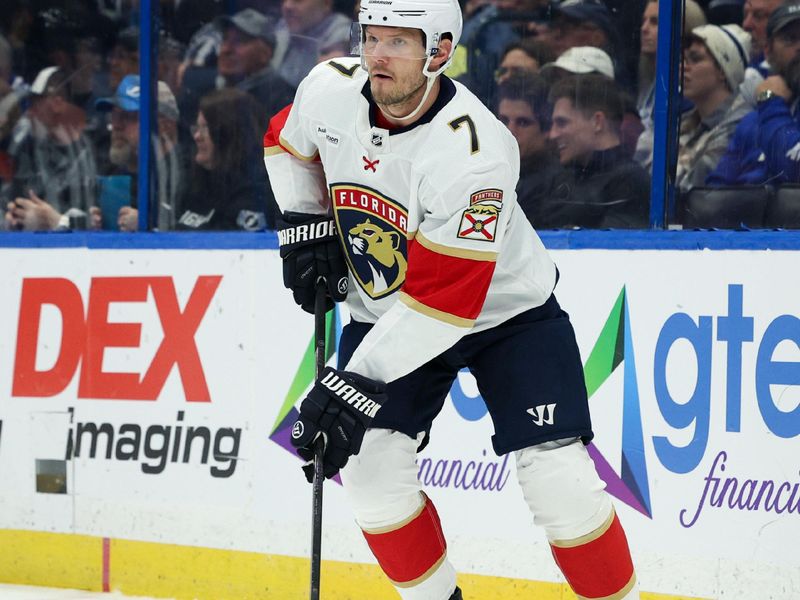 Feb 17, 2024; Tampa, Florida, USA;  Florida Panthers defenseman Dmitry Kulikov (7) controls the puck against the Tampa Bay Lightning in the first period at Amalie Arena. Mandatory Credit: Nathan Ray Seebeck-USA TODAY Sports