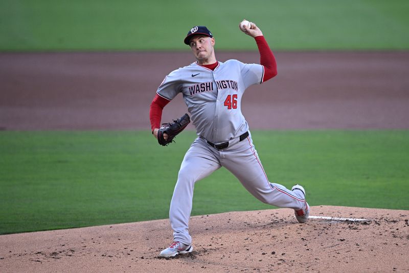 Jun 24, 2024; San Diego, California, USA; Washington Nationals starting pitcher Patrick Corbin (46) pitches against the San Diego Padres during the first inning at Petco Park. Mandatory Credit: Orlando Ramirez-USA TODAY Sports