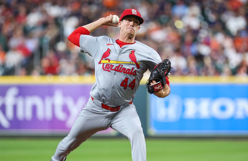 Jun 3, 2024; Houston, Texas, USA; St. Louis Cardinals starting pitcher Kyle Gibson (44) delivers a pitch during the second inning against the Houston Astros at Minute Maid Park. Mandatory Credit: Troy Taormina-USA TODAY Sports