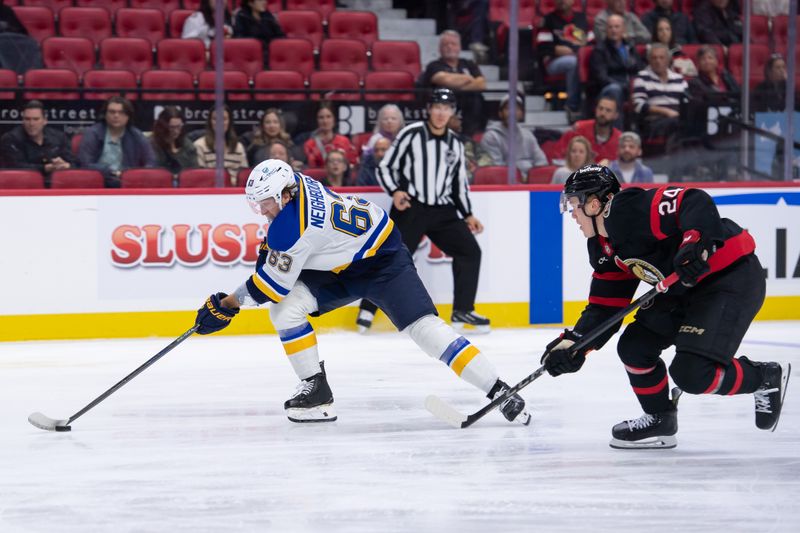 Oct 29, 2024; Ottawa, Ontario, CAN; St. Louis Blues left wing Jake Neighbours (63) skates with the puck in front of Ottawa Senators defenseman Jacob Bernard-Docker (24) in the second period at the Canadian Tire Centre. Mandatory Credit: Marc DesRosiers-Imagn Images