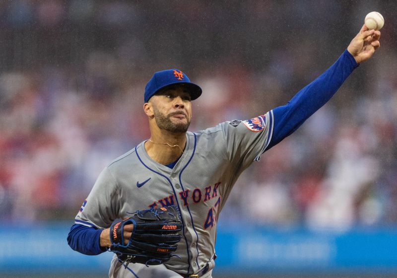 May 15, 2024; Philadelphia, Pennsylvania, USA; New York Mets starting pitcher Joey Lucchesi (47) throws a pitch during the first inning against the Philadelphia Phillies at Citizens Bank Park. Mandatory Credit: Bill Streicher-USA TODAY Sports