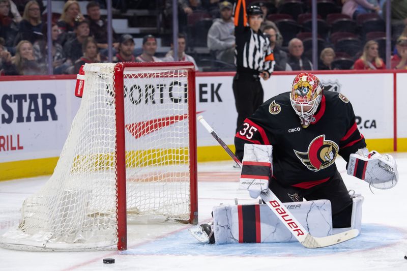 Sep 26, 2024; Ottawa, Ontario, CAN; Ottawa Senators goalie Linus Ullmark (35) makes a save in the second period against the Buffalo Sabres at the Canadian Tire Centre. Mandatory Credit: Marc DesRosiers-Imagn Images