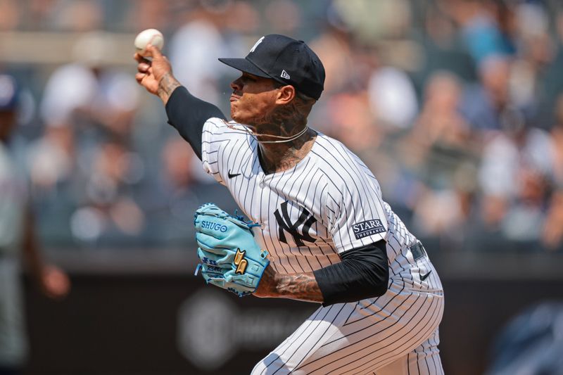 Aug 11, 2024; Bronx, New York, USA; New York Yankees starting pitcher Marcus Stroman (0) delivers a pitch during the third inning against the Texas Rangers at Yankee Stadium. Mandatory Credit: Vincent Carchietta-USA TODAY Sports