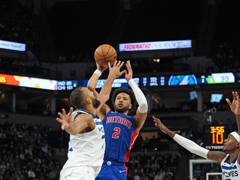 MINNEAPOLIS, MN -  MARCH 27: Cade Cunningham #2 of the Detroit Pistons shoots the ball during the game against the Minnesota Timberwolves  on March 27, 2024 at Target Center in Minneapolis, Minnesota. NOTE TO USER: User expressly acknowledges and agrees that, by downloading and or using this Photograph, user is consenting to the terms and conditions of the Getty Images License Agreement. Mandatory Copyright Notice: Copyright 2024 NBAE (Photo by Jordan Johnson/NBAE via Getty Images)