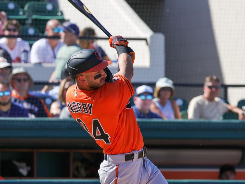 Feb 26, 2023; Lakeland, Florida, USA; Baltimore Orioles second baseman Connor Norby (94) at bat during the fifth inning against the Detroit Tigers at Publix Field at Joker Marchant Stadium. Mandatory Credit: Mike Watters-USA TODAY Sports