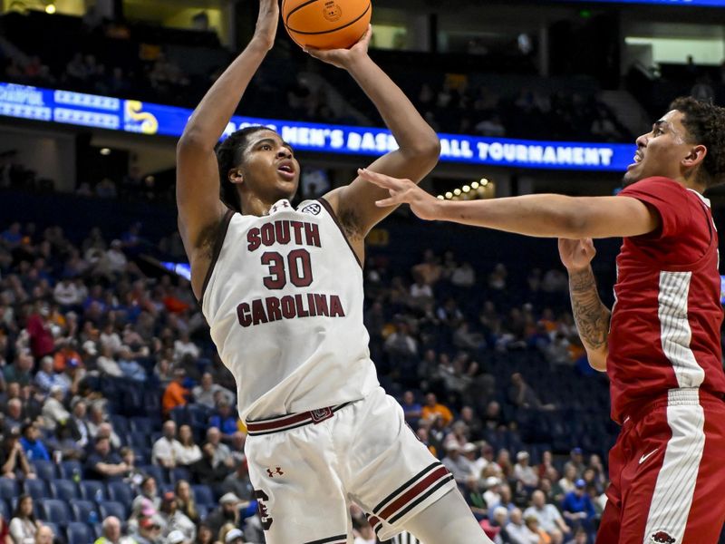 Mar 14, 2024; Nashville, TN, USA;  South Carolina Gamecocks forward Collin Murray-Boyles (30) shirts a fade away R| during the second half at Bridgestone Arena. Mandatory Credit: Steve Roberts-USA TODAY Sports