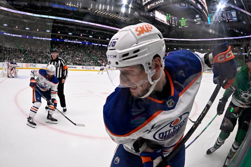 May 21, 2025; Dallas, Texas, USA; Edmonton Oilers defenseman John Klingberg (36) in the second period against the Dallas Stars during game one of the Western Conference Final of the 2025 Stanley Cup Playoffs at American Airlines Center. Mandatory Credit: Jerome Miron-Imagn Images