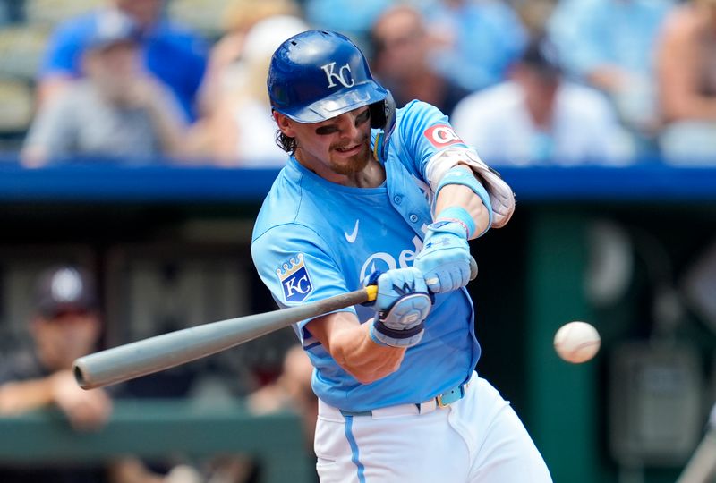 Jun 13, 2024; Kansas City, Missouri, USA; Kansas City Royals shortstop Bobby Witt Jr. (7) hits a single during the sixth inning against the New York Yankees at Kauffman Stadium. Mandatory Credit: Jay Biggerstaff-USA TODAY Sports