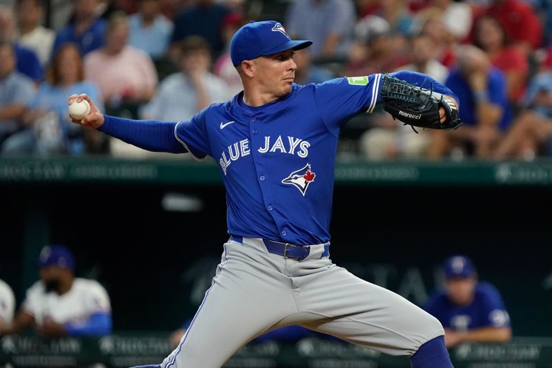 Sep 19, 2024; Arlington, Texas, USA; Toronto Blue Jays pitcher Chad Green (57) throws to the plate during the ninth inning against the Texas Rangers at Globe Life Field. Mandatory Credit: Raymond Carlin III-Imagn Images