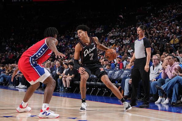 PHILADELPHIA, PA - DECEMBER 15: Killian Hayes #7 of the Detroit Pistons dribbles the ball during the game against the Philadelphia 76ers on December 15, 2023 at the Wells Fargo Center in Philadelphia, Pennsylvania NOTE TO USER: User expressly acknowledges and agrees that, by downloading and/or using this Photograph, user is consenting to the terms and conditions of the Getty Images License Agreement. Mandatory Copyright Notice: Copyright 2023 NBAE (Photo by Jesse D. Garrabrant/NBAE via Getty Images)