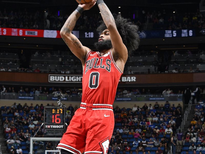 ORLANDO, FL - FEBRUARY 10: Coby White #0 of the Chicago Bulls shoots a free throw during the game against the Orlando Magic on February 10, 2024 at the Kia Center in Orlando, Florida. NOTE TO USER: User expressly acknowledges and agrees that, by downloading and or using this photograph, User is consenting to the terms and conditions of the Getty Images License Agreement. Mandatory Copyright Notice: Copyright 2024 NBAE (Photo by Fernando Medina/NBAE via Getty Images)