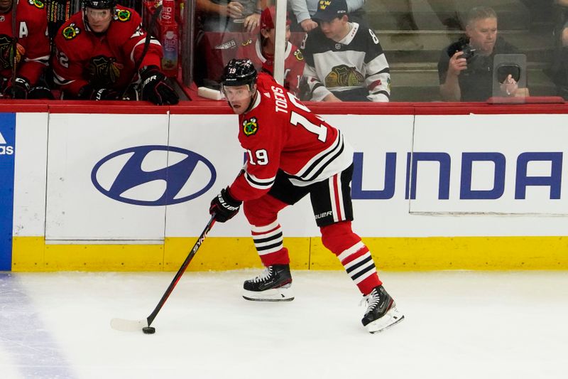 Apr 13, 2023; Chicago, Illinois, USA; Chicago Blackhawks center Jonathan Toews (19) plays in his last game as a Blackhawk against the Philadelphia Flyers during the first period at United Center. Mandatory Credit: David Banks-USA TODAY Sports