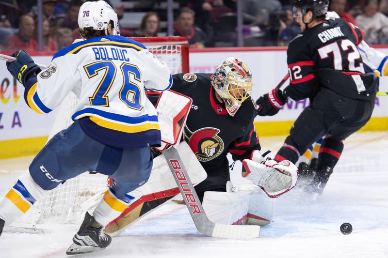 Mar 21, 2024; Ottawa, Ontario, CAN; Ottawa Senators goalie Anton Forsberg (31) makes a save on a shot from  St. Louis Blues center Zack Bolduc (76) in the second period at the Canadian Tire Centre. Mandatory Credit: Marc DesRosiers-USA TODAY Sports