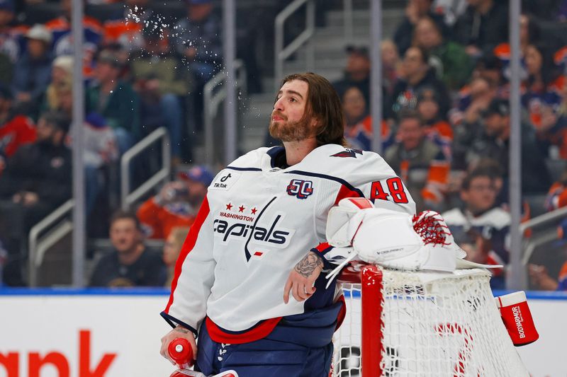 Jan 21, 2025; Edmonton, Alberta, CAN; Washington Capitals goaltender Logan Thompson (48) gets ready before a game against the Edmonton Oilers at Rogers Place. Mandatory Credit: Perry Nelson-Imagn Images