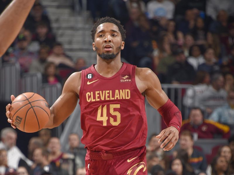 CLEVELAND, OH - FEBUARY 13:  Donovan Mitchell #45 of the Cleveland Cavaliers goes to the basket during the game on Febuary 13, 2023 at Rocket Mortgage FieldHouse in Cleveland, Ohio. NOTE TO USER: User expressly acknowledges and agrees that, by downloading and/or using this Photograph, user is consenting to the terms and conditions of the Getty Images License Agreement. Mandatory Copyright Notice: Copyright 2023 NBAE (Photo by David Liam Kyle/NBAE via Getty Images)