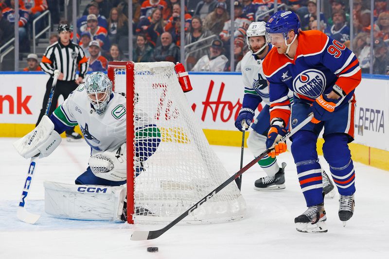 Jan 23, 2025; Edmonton, Alberta, CAN; Edmonton Oilers forward Corey Perry (90) looks to make a pass in from behind Vancouver Canucks goaltender Thatcher Demko (35) during the first period at Rogers Place. Mandatory Credit: Perry Nelson-Imagn Images