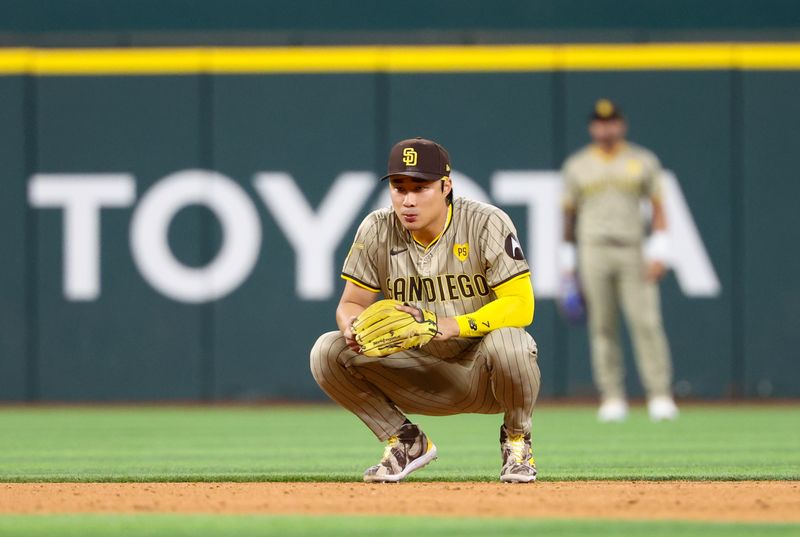 Jul 2, 2024; Arlington, Texas, USA;  San Diego Padres shortstop Ha-Seong Kim (7) during the eighth inning against the Texas Rangers at Globe Life Field. Mandatory Credit: Kevin Jairaj-USA TODAY Sports