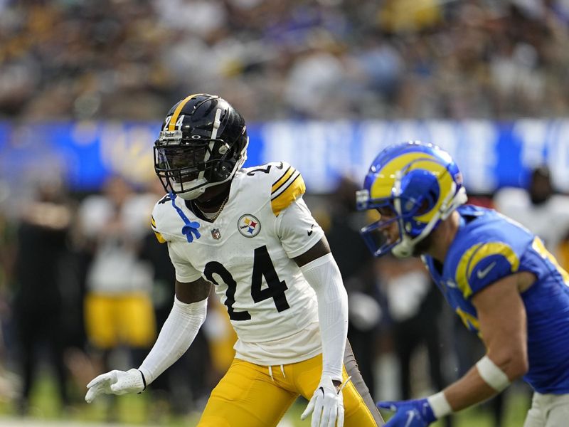 Pittsburgh Steelers cornerback Joey Porter Jr. isolated action iso during the second half of an NFL football game against the Los Angeles Rams, Sunday, Oct. 22, 2023, in Inglewood, Calif. (AP Photo/Gregory Bull)