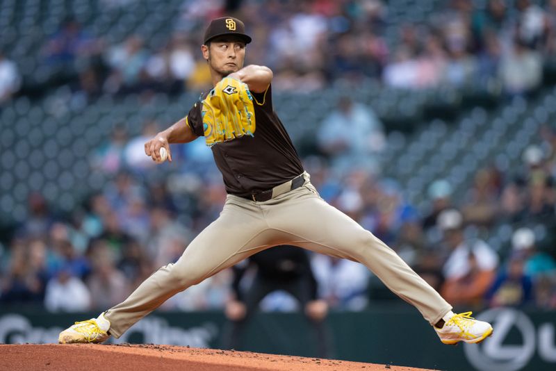 Sep 10, 2024; Seattle, Washington, USA;  San Diego Padres starter Yu Darvish (11) delivers a pitch during the second inning against the Seattle Mariners at T-Mobile Park. Mandatory Credit: Stephen Brashear-Imagn Images