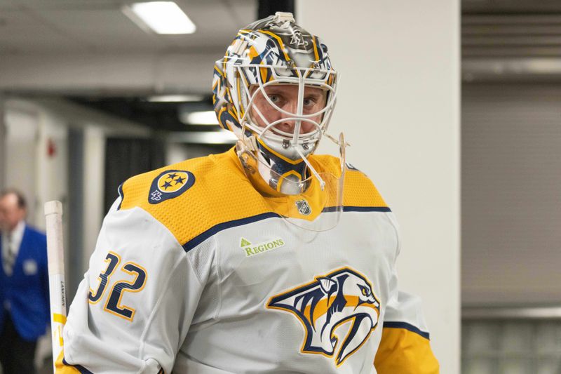 Feb 24, 2024; San Jose, California, USA; Nashville Predators goaltender Kevin Lankinen (32) before the start of the first period against the San Jose Sharks at SAP Center at San Jose. Mandatory Credit: Stan Szeto-USA TODAY Sports