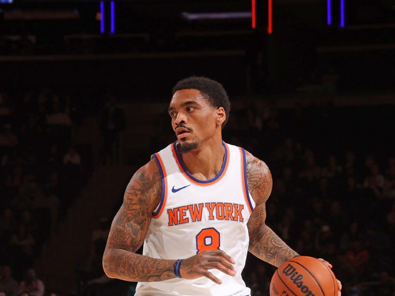 NEW YORK, NY - OCTOBER 18: DaQuan Jeffries #8 of the New York Knicks handles the ball during the game against the Washington Wizards on October 18, 2023 at Madison Square Garden in New York City, New York.  NOTE TO USER: User expressly acknowledges and agrees that, by downloading and or using this photograph, User is consenting to the terms and conditions of the Getty Images License Agreement. Mandatory Copyright Notice: Copyright 2023 NBAE  (Photo by Nathaniel S. Butler/NBAE via Getty Images)