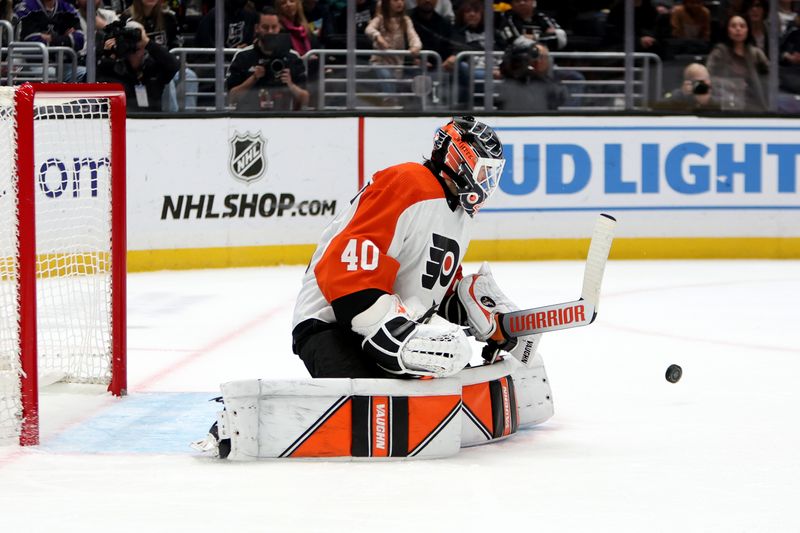 Nov 11, 2023; Los Angeles, California, USA;  Philadelphia Flyers goaltender Cal Petersen (40) defends the goal during the second period against the Los Angeles Kings at Crypto.com Arena. Mandatory Credit: Kiyoshi Mio-USA TODAY Sports