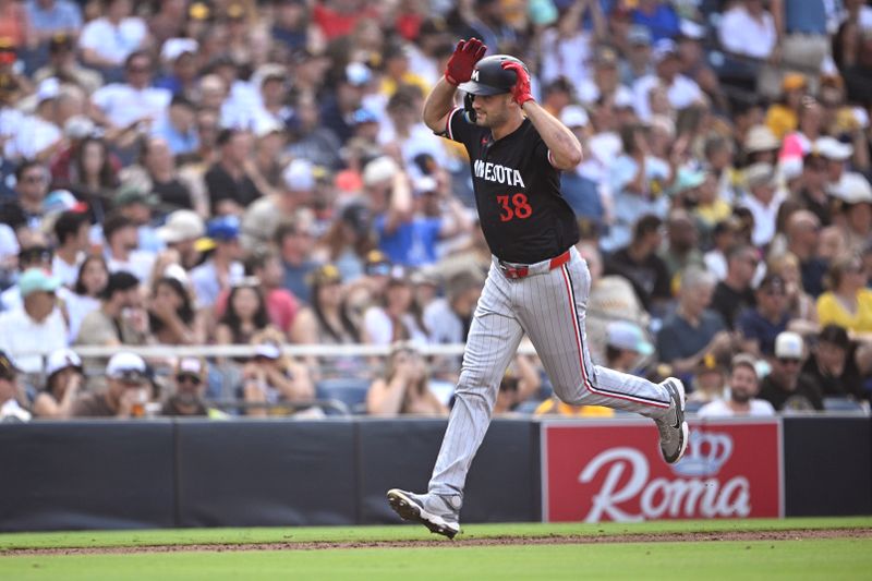 Aug 21, 2024; San Diego, California, USA; Minnesota Twins right fielder Matt Wallner (38) rounds the bases after hitting a three-run home run against the San Diego Padres during the fourth inning at Petco Park. Mandatory Credit: Orlando Ramirez-USA TODAY Sports