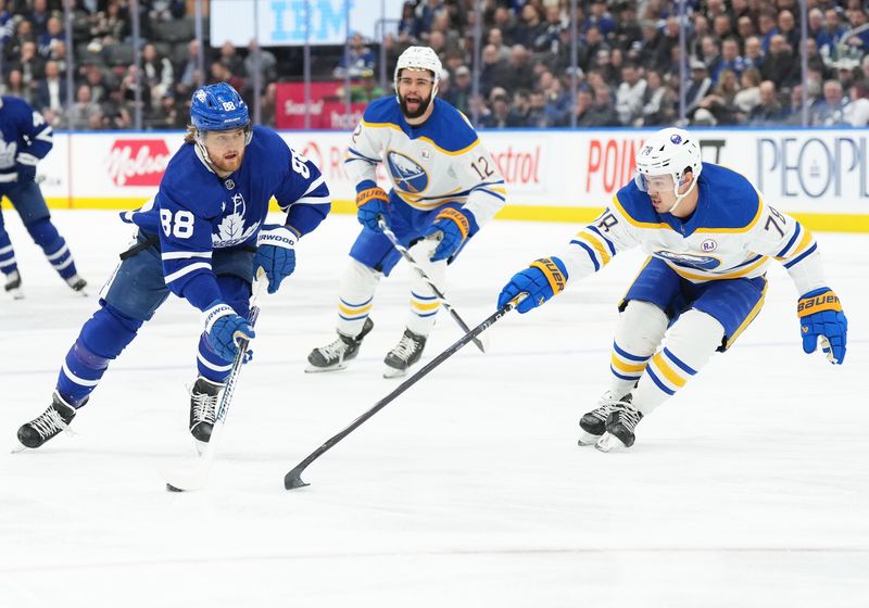 Mar 6, 2024; Toronto, Ontario, CAN; Toronto Maple Leafs right wing William Nylander (88) battles for the puck with Buffalo Sabres defenseman Jacob Bryson (78) during the first period at Scotiabank Arena. Mandatory Credit: Nick Turchiaro-USA TODAY Sports