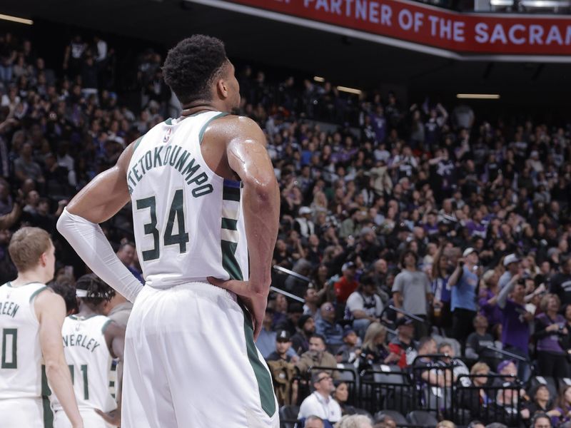 SACRAMENTO, CA - MARCH 12: Giannis Antetokounmpo #34 of the Milwaukee Bucks looks on during the game against the Sacramento Kings on March 12, 2024 at Golden 1 Center in Sacramento, California. NOTE TO USER: User expressly acknowledges and agrees that, by downloading and or using this Photograph, user is consenting to the terms and conditions of the Getty Images License Agreement. Mandatory Copyright Notice: Copyright 2024 NBAE (Photo by Rocky Widner/NBAE via Getty Images)