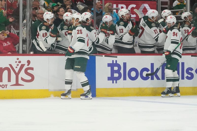 Oct 4, 2024; Chicago, Illinois, USA; Minnesota Wild defenseman Jonas Brodin (25) celebrates his goal against the Chicago Blackhawks during the first period at United Center. Mandatory Credit: David Banks-Imagn Images