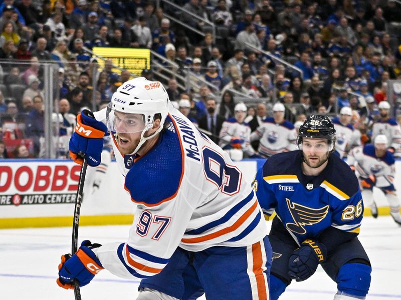 Feb 15, 2024; St. Louis, Missouri, USA;  Edmonton Oilers center Connor McDavid (97) shoots against the St. Louis Blues during the first period at Enterprise Center. Mandatory Credit: Jeff Curry-USA TODAY Sports