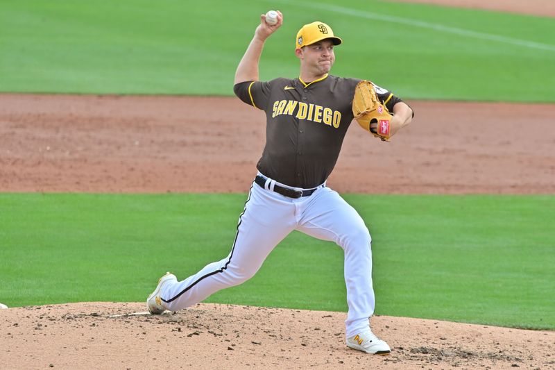 Feb 26, 2024; Peoria, Arizona, USA;  San Diego Padres relief pitcher Michael King (34) throws in the third inning against the Cleveland Guardians during a spring training game at Peoria Sports Complex. Mandatory Credit: Matt Kartozian-USA TODAY Sports